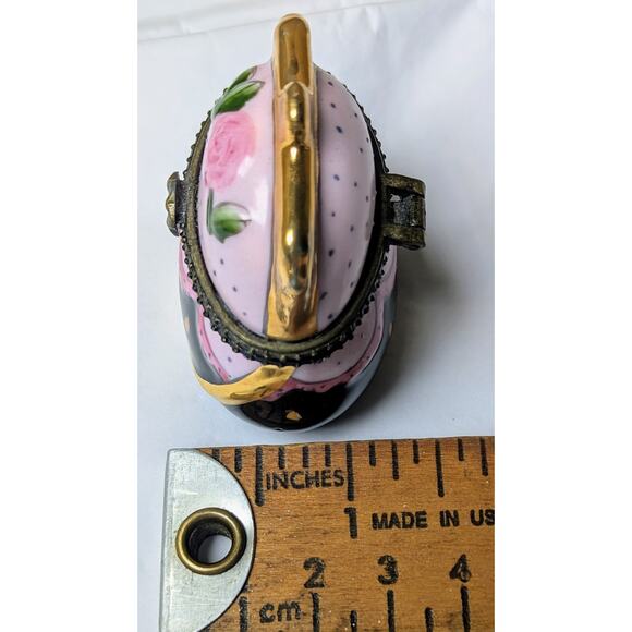 Vtg Floral Purse Trinket Box 2.5" Jewelry Porcelain Hinged Case Pink Black Gold - Picture 6 of 7